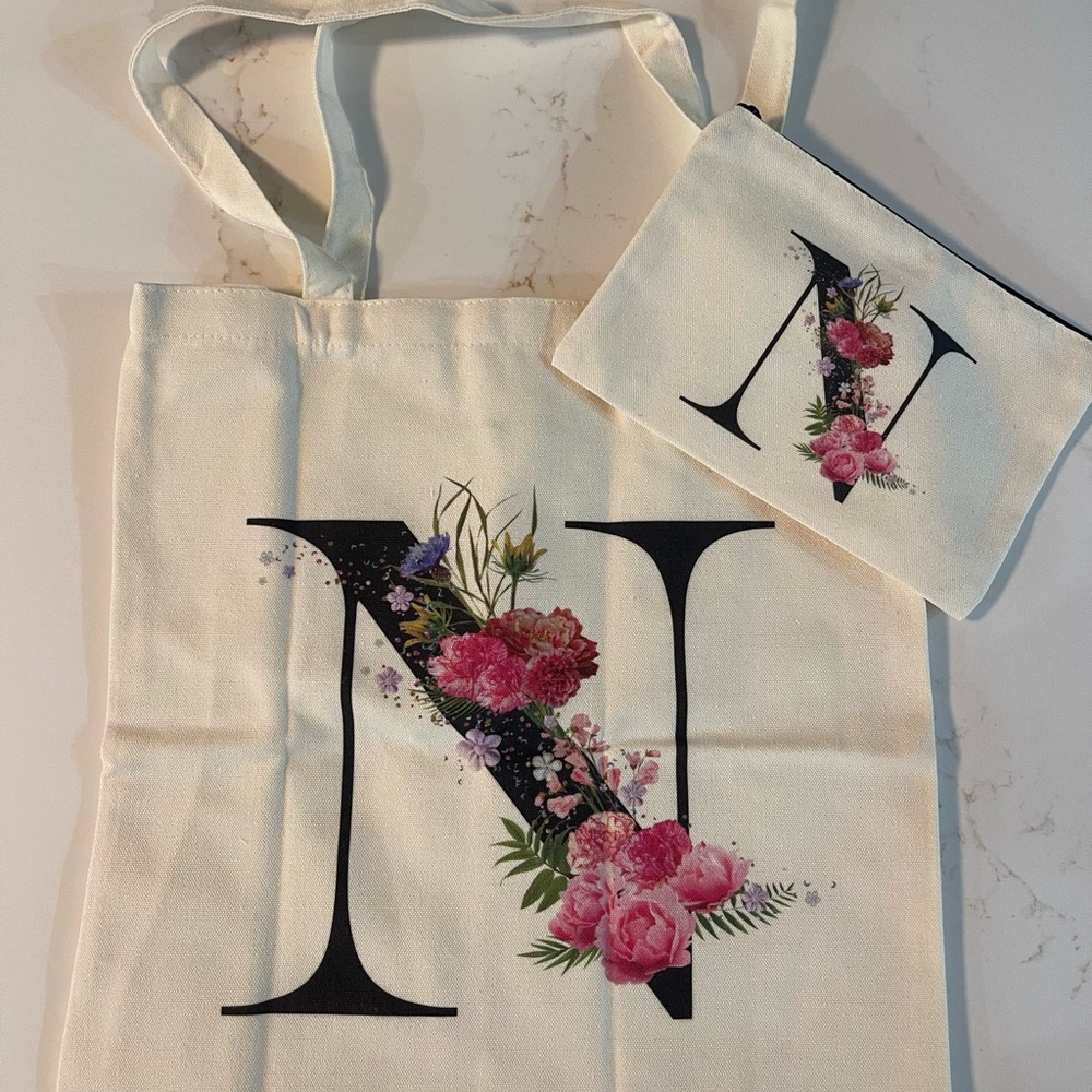 Floral Initial “N” Tote and Pouch Set